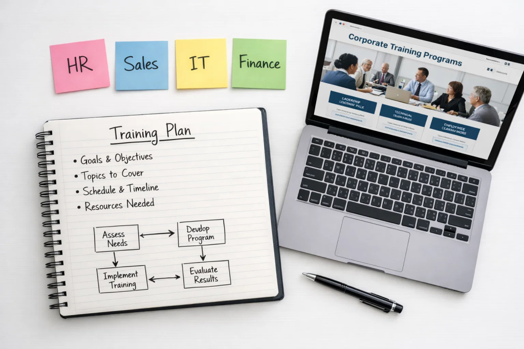 Corporate training programme planning session with notebook and laptop for employee development strategy