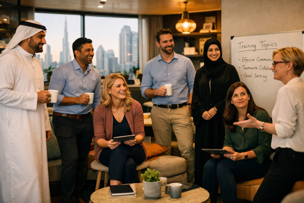 Diverse corporate team building a learning culture through informal staff training in a Dubai office