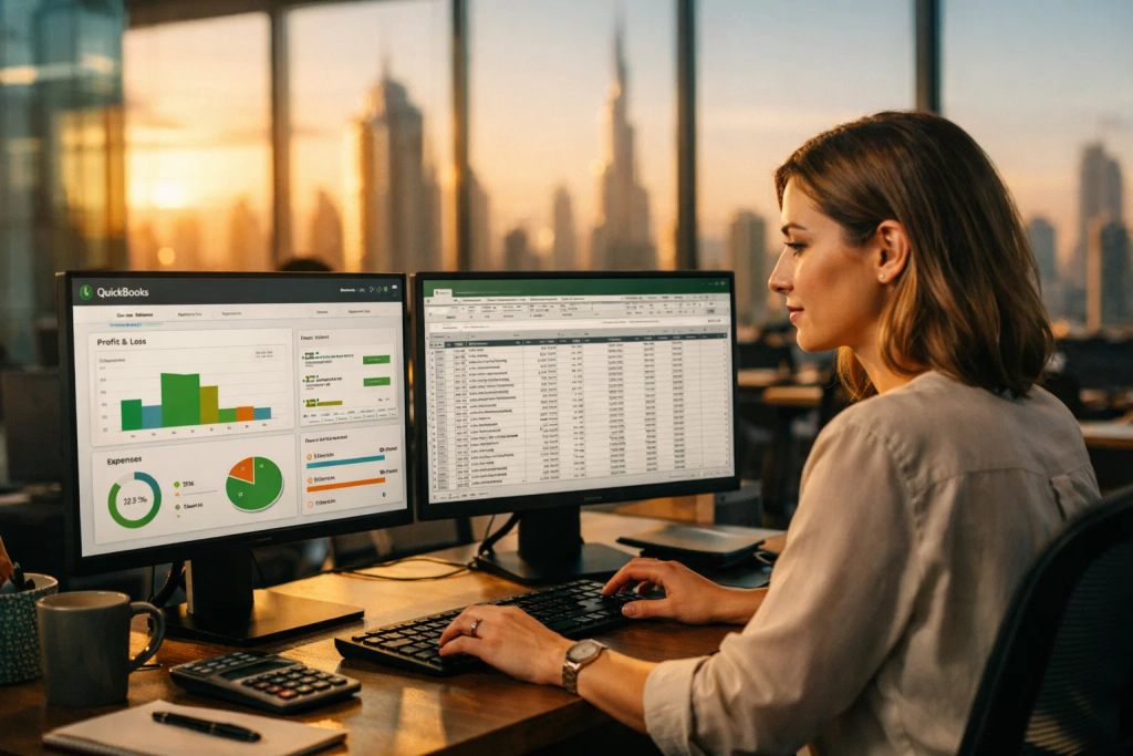  accountant using QuickBooks and Excel in Dubai office