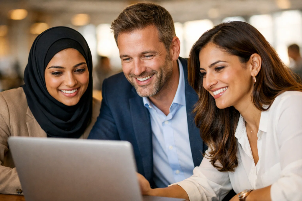 Corporate professionals collaborating on employee training and development programme in UAE office