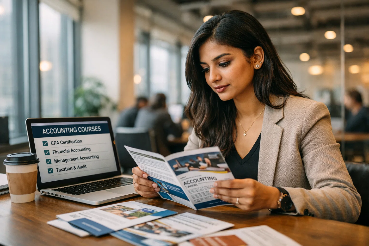 South Asian woman reviewing accounting course brochures on laptop at Dubai co-working space, soft daylight, blurred office background