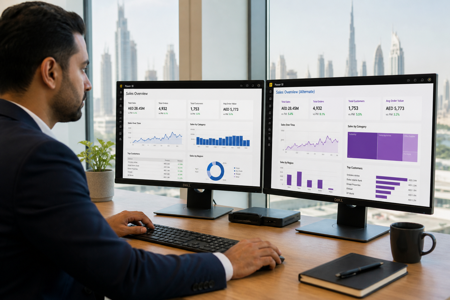 Professional comparing two Power BI report views dual monitors Dubai