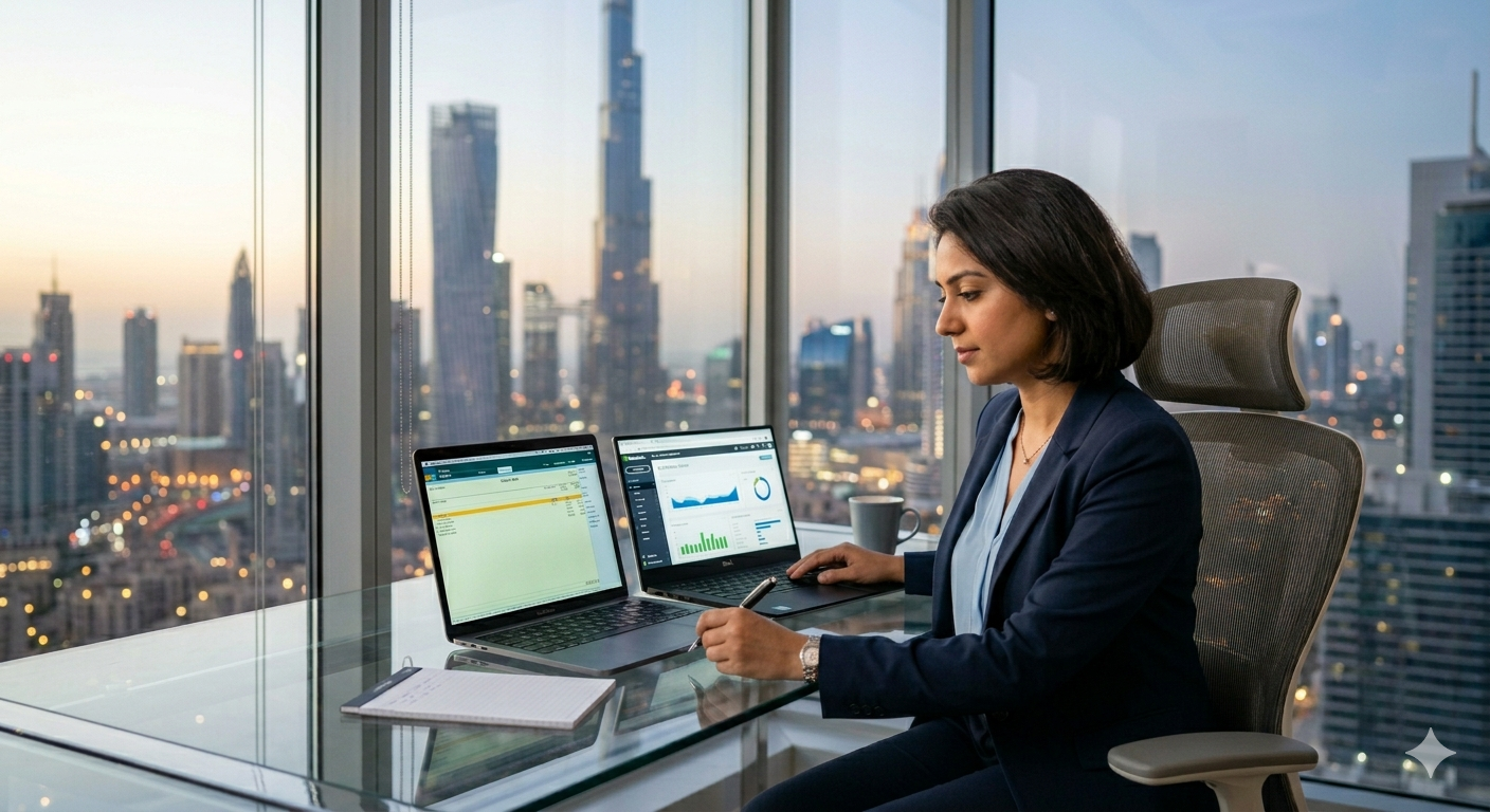Tally vs QuickBooks comparison for accounting career in Dubai — professional at desk with both software open