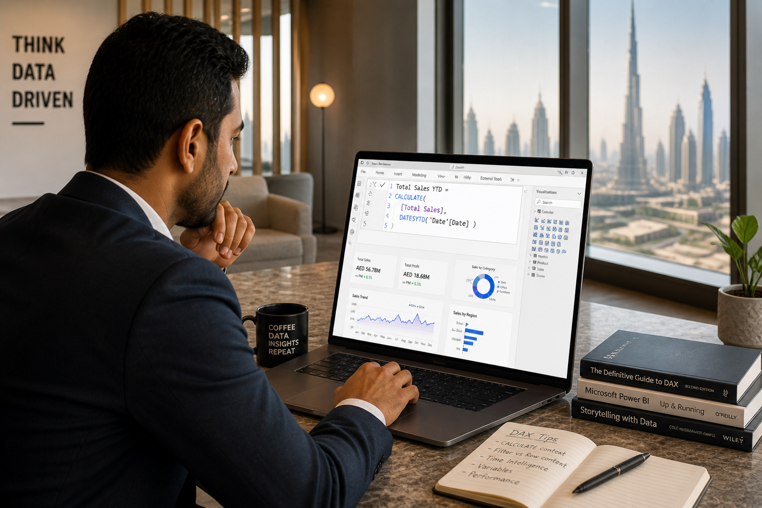 Person typing DAX formula into Power BI widescreen monitor Dubai office