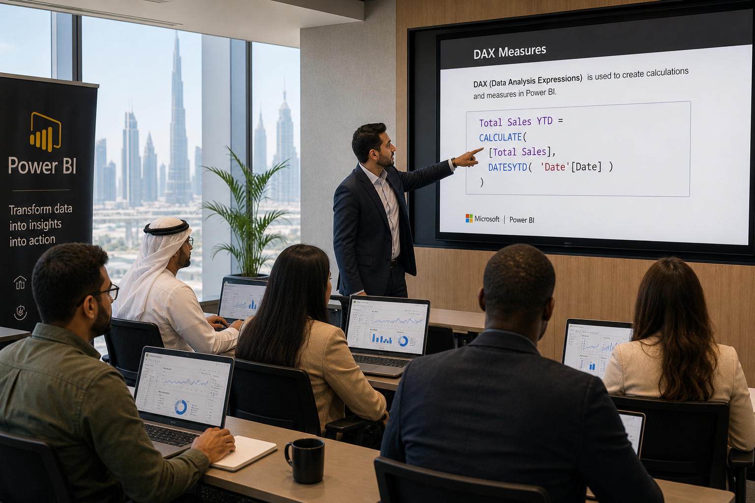 Diverse professionals attending Power BI training Dubai classroom