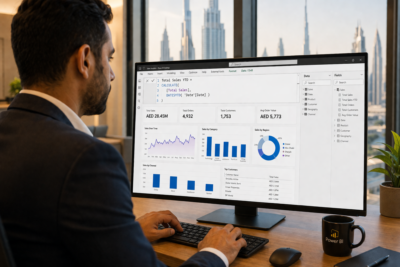 Finance professional analyzing Power BI DAX dashboard Dubai office