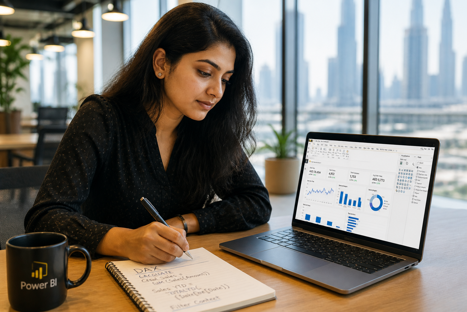 Woman studying Power BI on laptop Dubai co-working space notepad