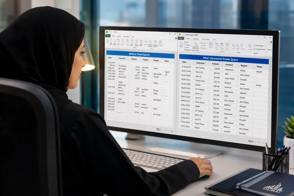A woman wearing a black hijab works at a computer screen displaying an Excel spreadsheet comparing raw and cleaned data.