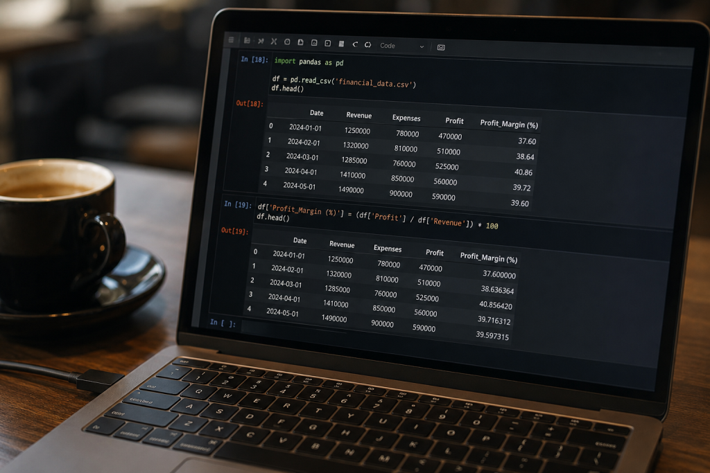 Laptop showing Python pandas financial data with revenue, expenses, and profit, with coffee beside it.