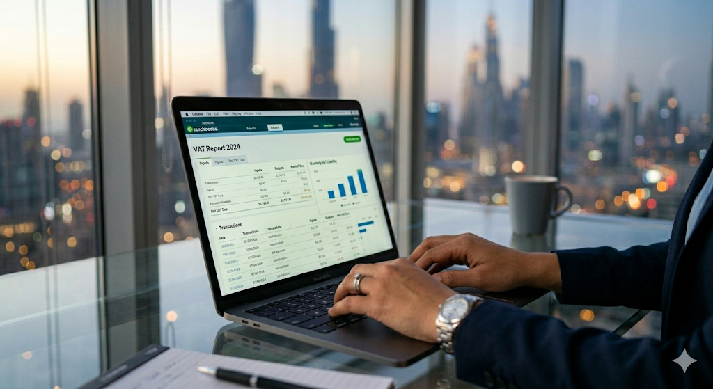  QuickBooks Online VAT dashboard being used by an accountant in a Dubai free zone office