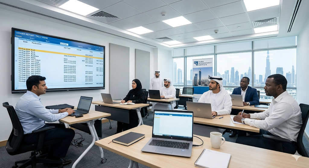  Accounting professionals learning Tally Prime in a professional training centre in Dubai