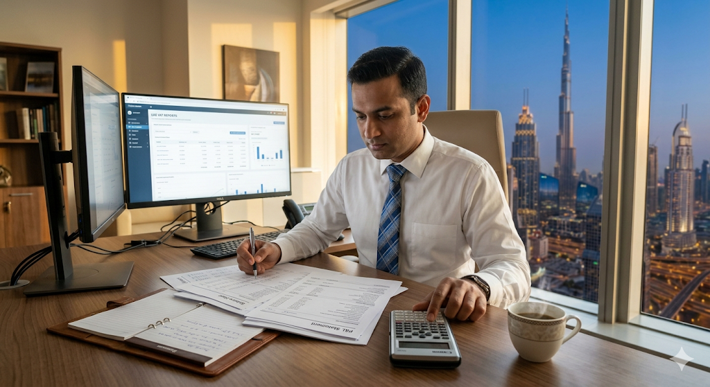 UAE accountant reviewing financial reports and VAT compliance documents in a Dubai office