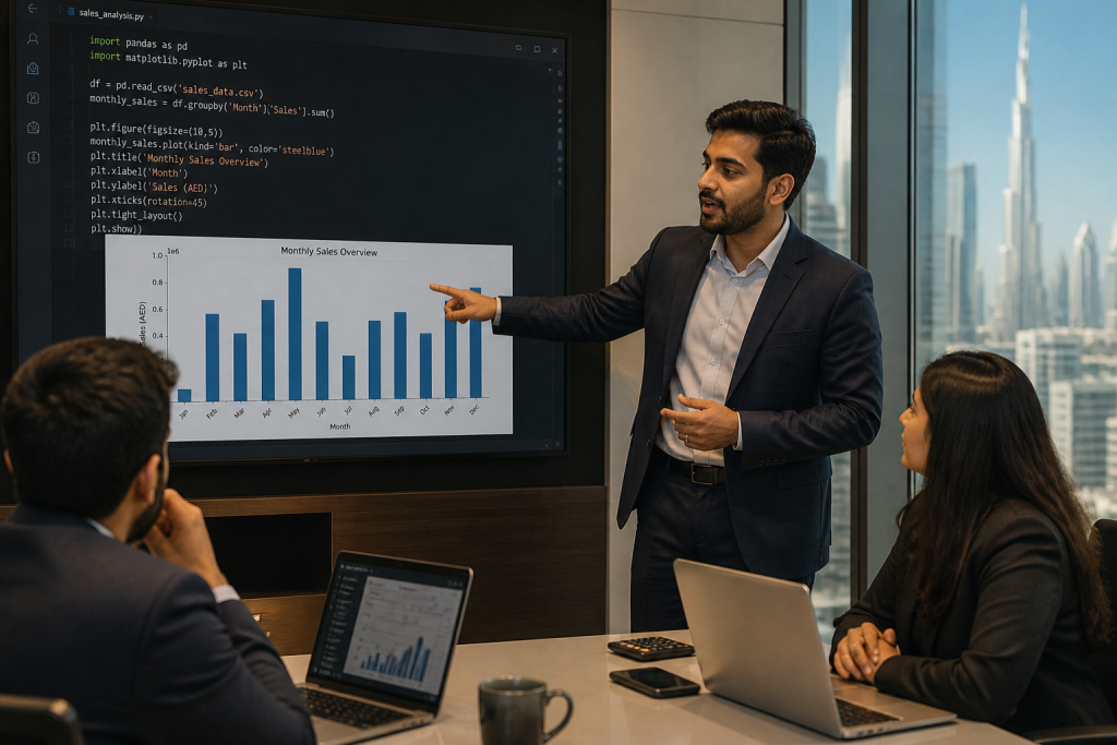 male finance professional presenting a Python-generated chart on office screen to colleagues