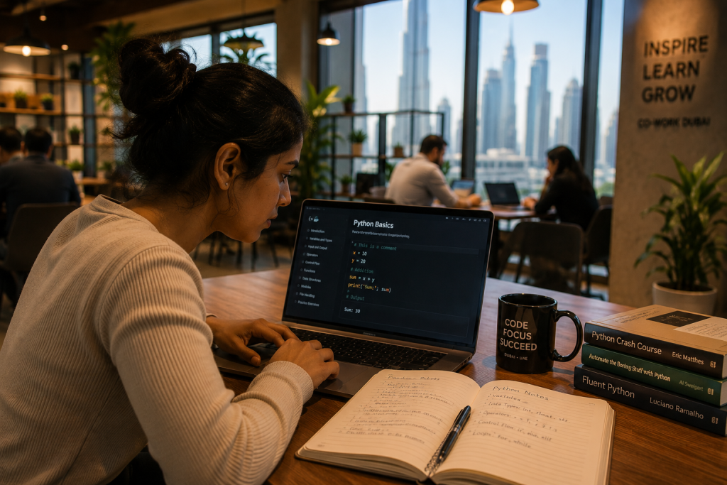 Woman learning Python on a laptop in a Dubai co-working space, with notebook, coffee, and warm lighting.