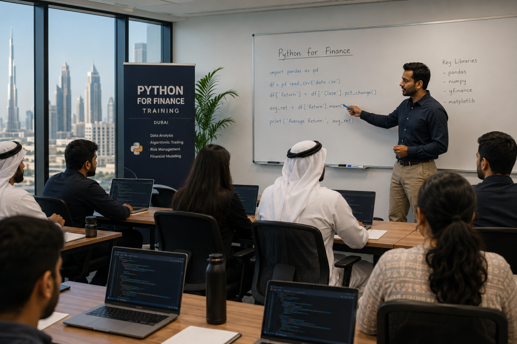 Diverse group of professionals attending a Python for finance training session in a modern Dubai classroom, with a trainer explaining Python code on a whiteboard while participants follow along on laptops