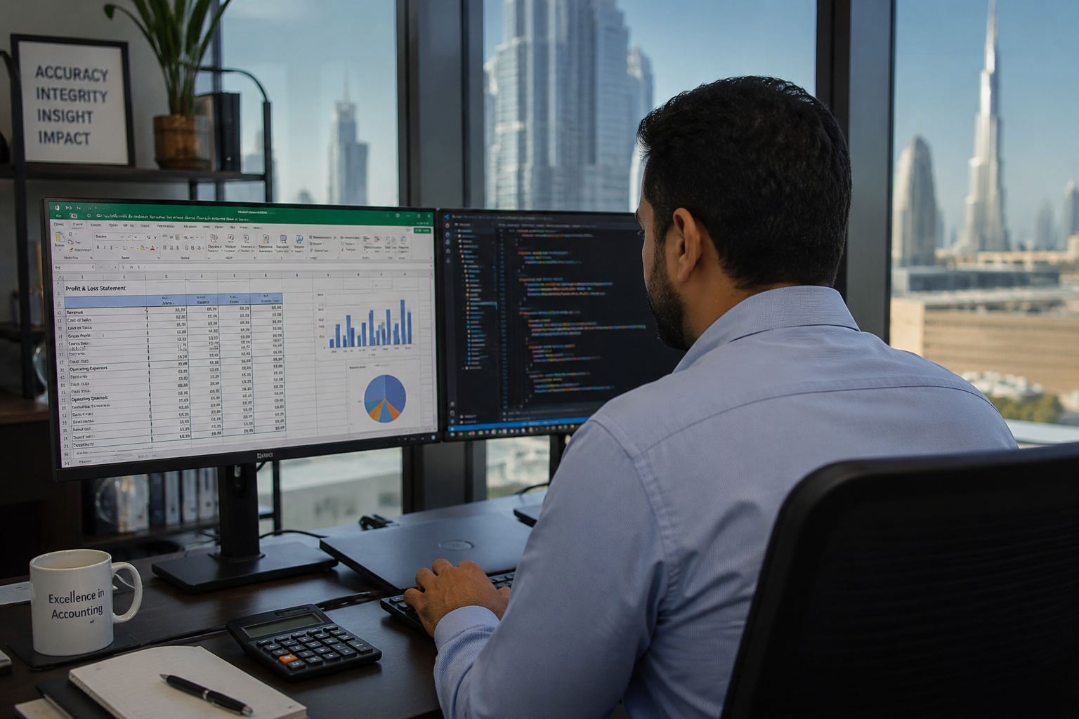 Finance professional working on dual monitors with Excel data and Python code in a modern office.