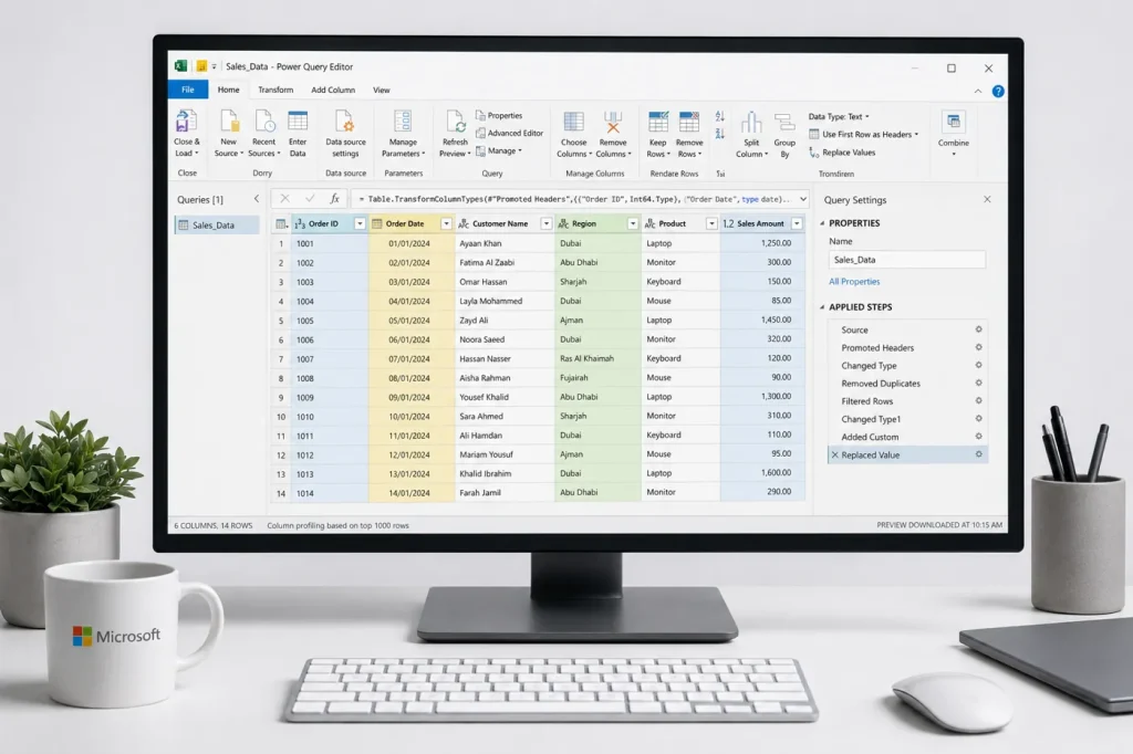 A desktop computer screen displays the Microsoft Power Query Editor interface with a detailed sales data table.