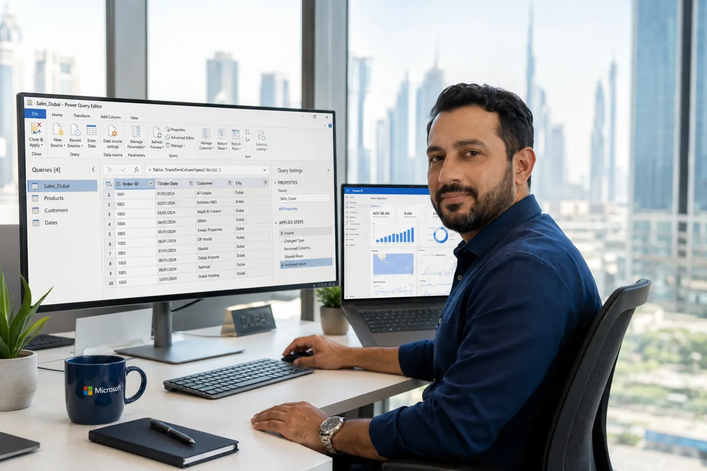 A man sits at a desk with an ultrawide monitor displaying Power Query, with the Dubai skyline visible out the window.