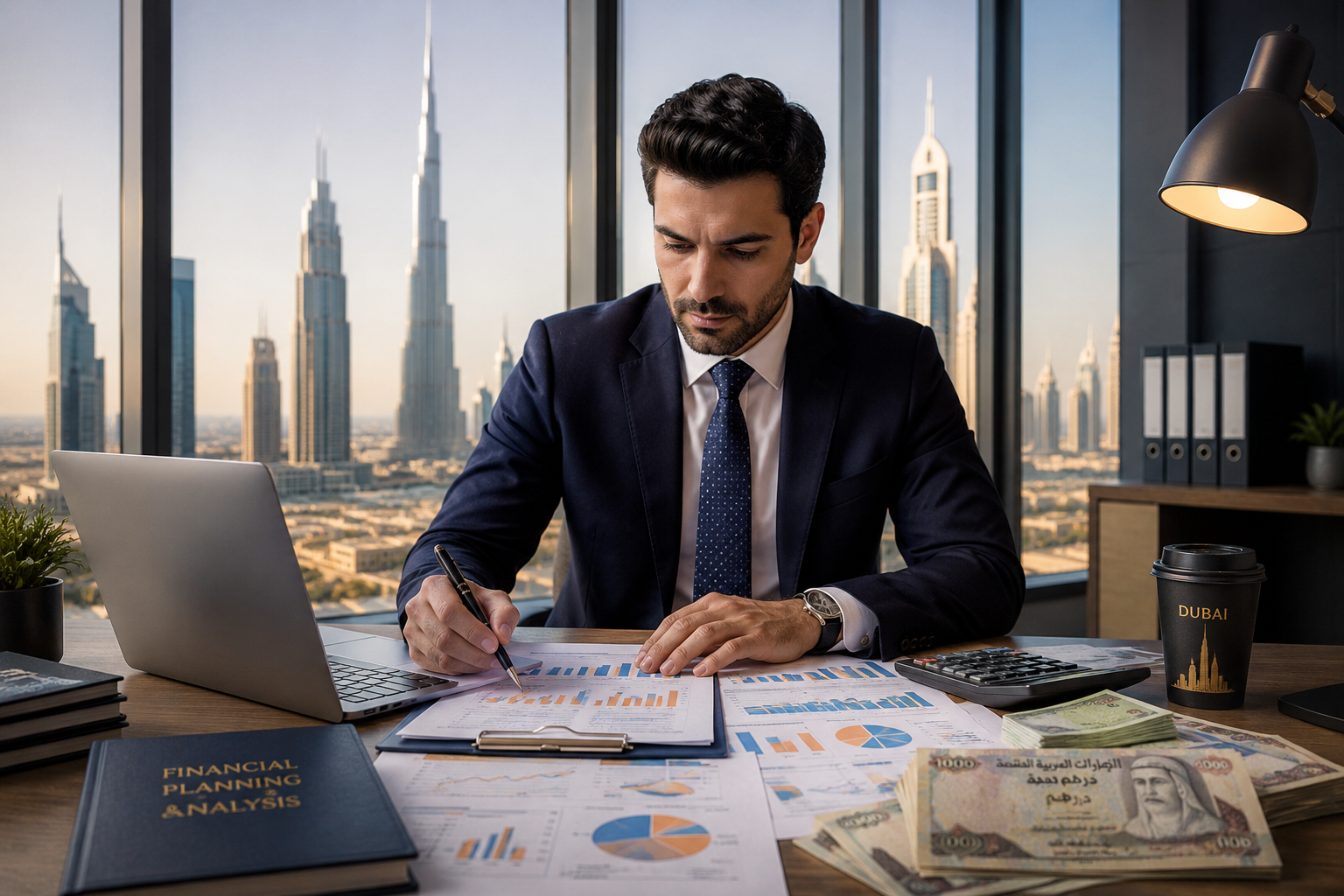 Accountant reviewing financial reports in a modern Dubai office with city skyline