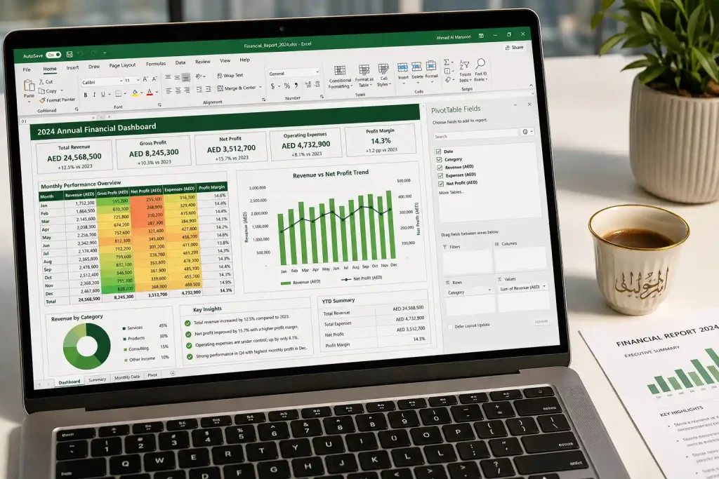 A laptop screen shows an Excel dashboard titled "2024 Annual Financial Dashboard" with charts, metrics, and tables.