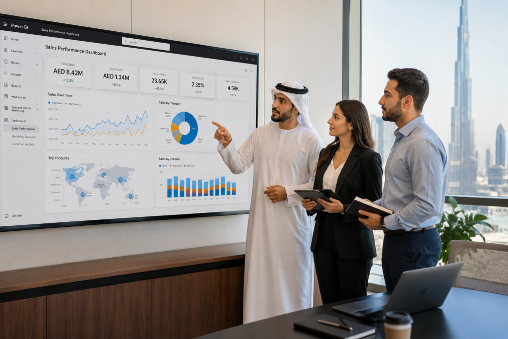 UAE professionals discussing Power BI dashboard in a Dubai business meeting, representing career opportunities after Power BI training