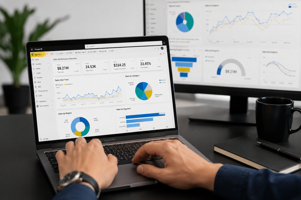 Power BI developer building interactive dashboards on a laptop in a UAE office environment