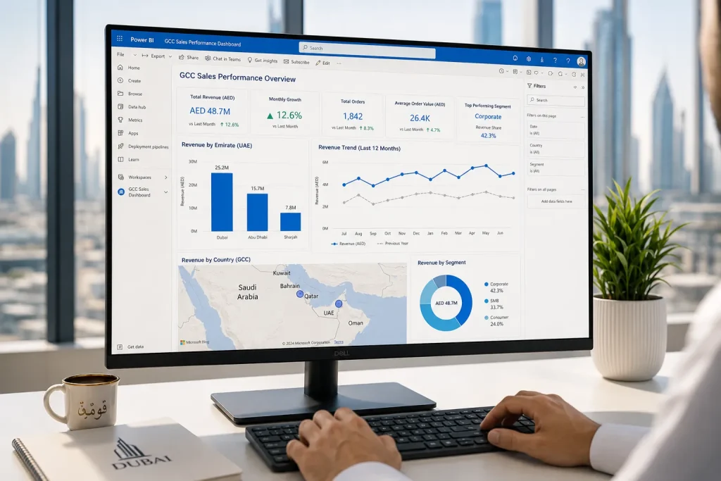A desktop monitor displays a Power BI sales dashboard featuring charts, KPI metrics, and a map of the GCC region.