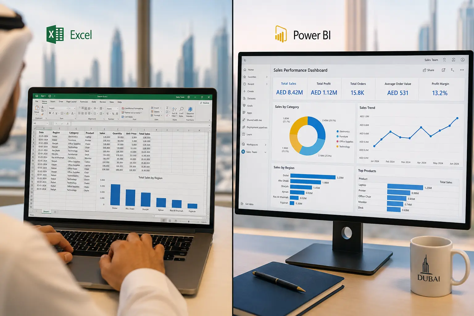 A split image showing an Excel sales spreadsheet on a laptop next to a Power BI dashboard on a desktop monitor.