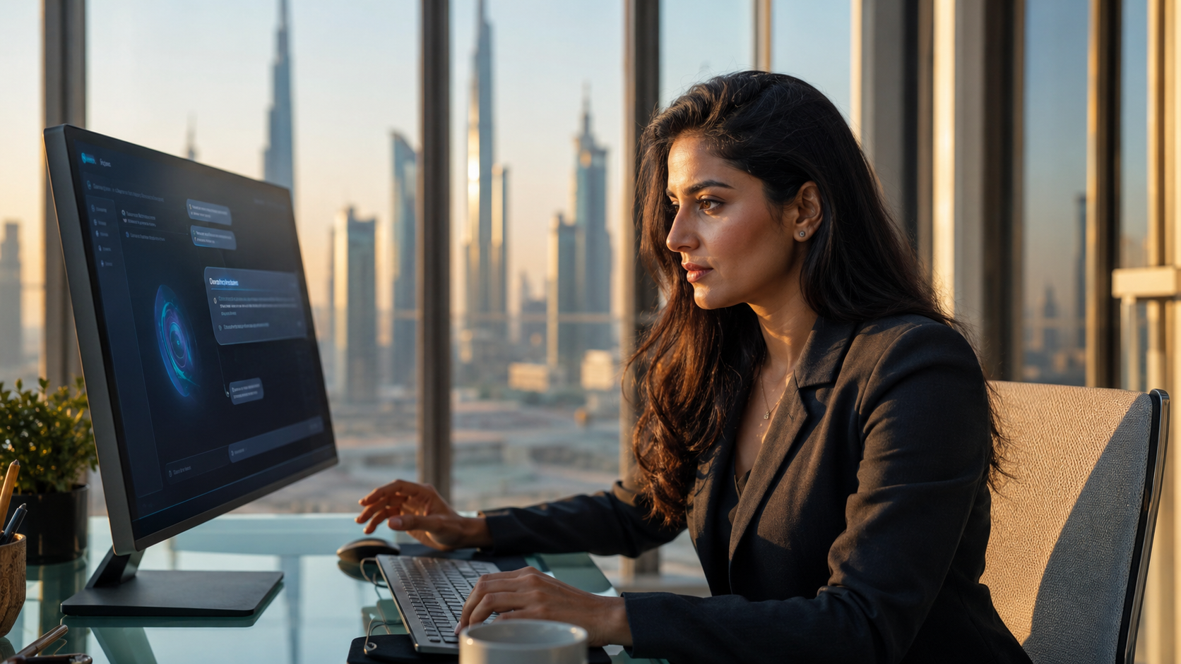 Prompt engineer working with an AI language model in a Dubai office overlooking the skyline