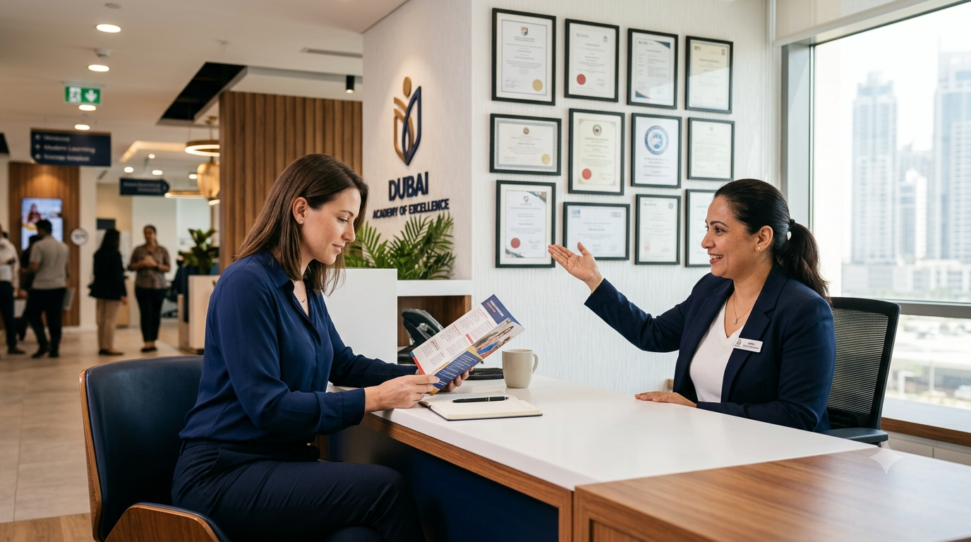 Prospective student reviewing accreditation credentials at a KHDA-approved institute in Dubai