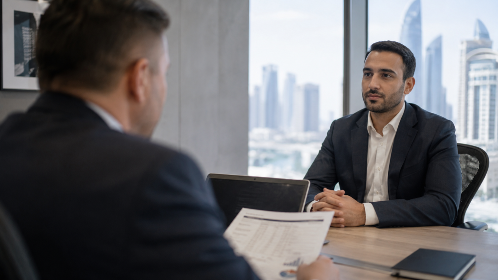 Salary negotiation meeting for an AI prompt engineer role in the UAE