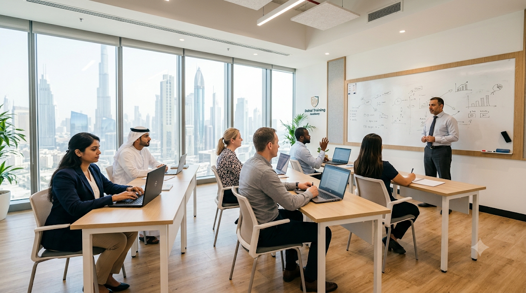 Adult professionals attending a certified training course at an institute in Dubai