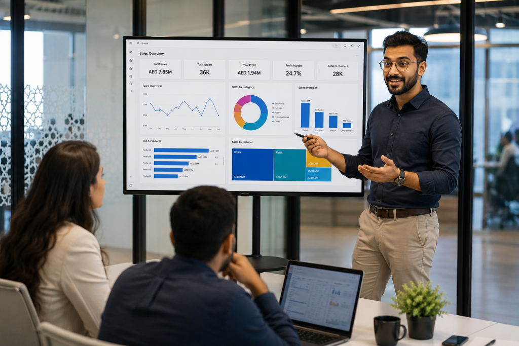 Data professional presenting Power BI dashboard to team in Dubai office