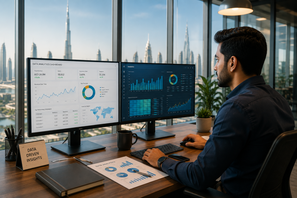 Data analyst reviewing analytics dashboards on dual monitors in a modern UAE office overlooking Dubai skyline