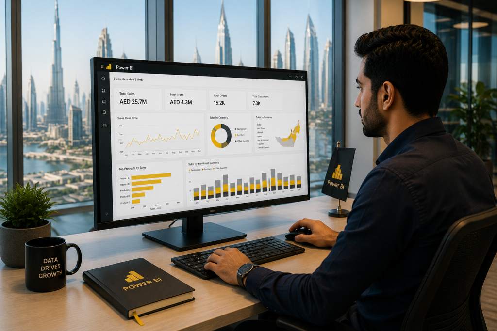 Professional analyzing Power BI dashboard in a modern UAE office with Dubai skyline in background