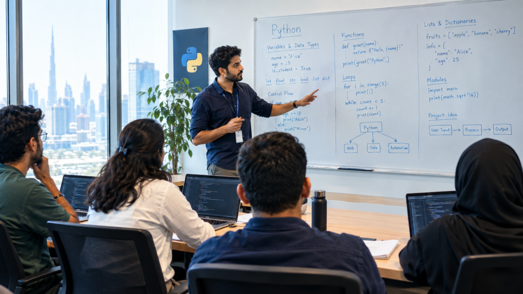Students in a hands-on Python programming course classroom training session in the UAE
