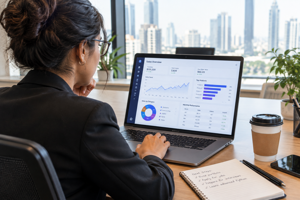 Data analyst reviewing dashboards after switching careers through a Python course in the UAE